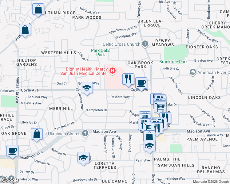 map of restaurants, bars, coffee shops, grocery stores, and more near in Carmichael