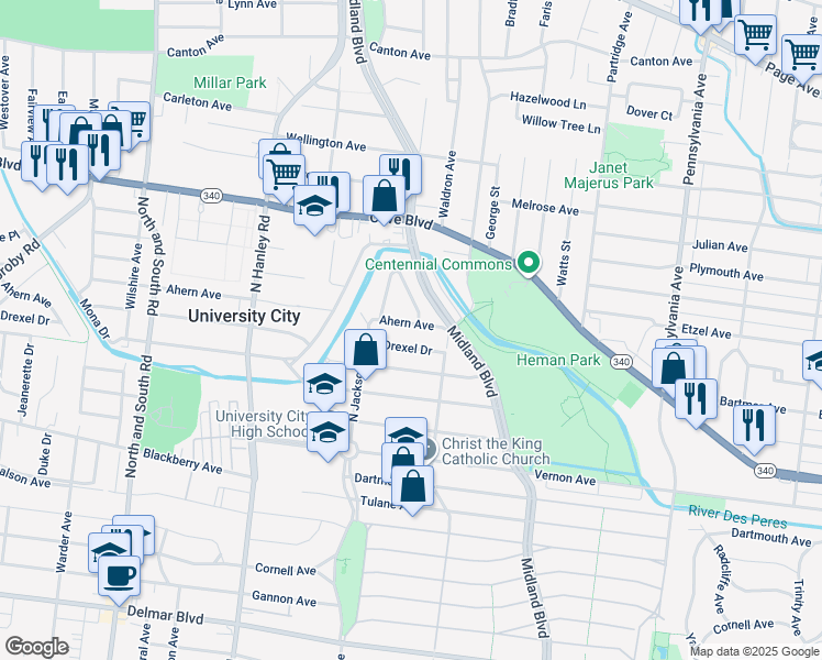 map of restaurants, bars, coffee shops, grocery stores, and more near 1110 East Parkedge Lane in University City