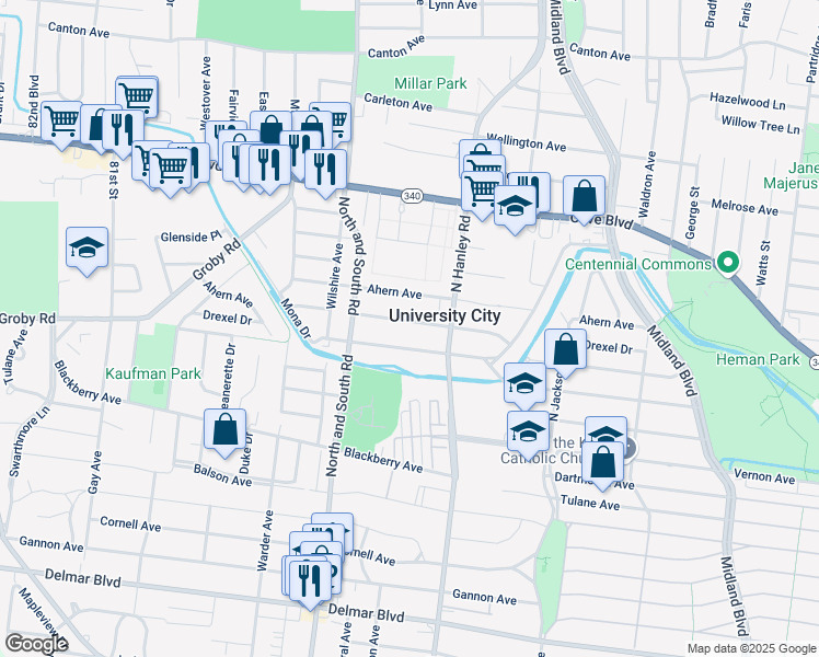 map of restaurants, bars, coffee shops, grocery stores, and more near 7551 Drexel Drive in University City