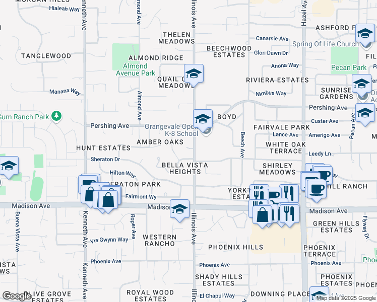 map of restaurants, bars, coffee shops, grocery stores, and more near 8696 Hartridge Lane in Fair Oaks
