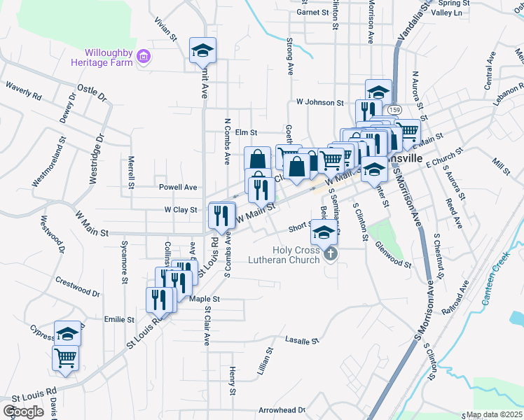 map of restaurants, bars, coffee shops, grocery stores, and more near 621 West Main Street in Collinsville