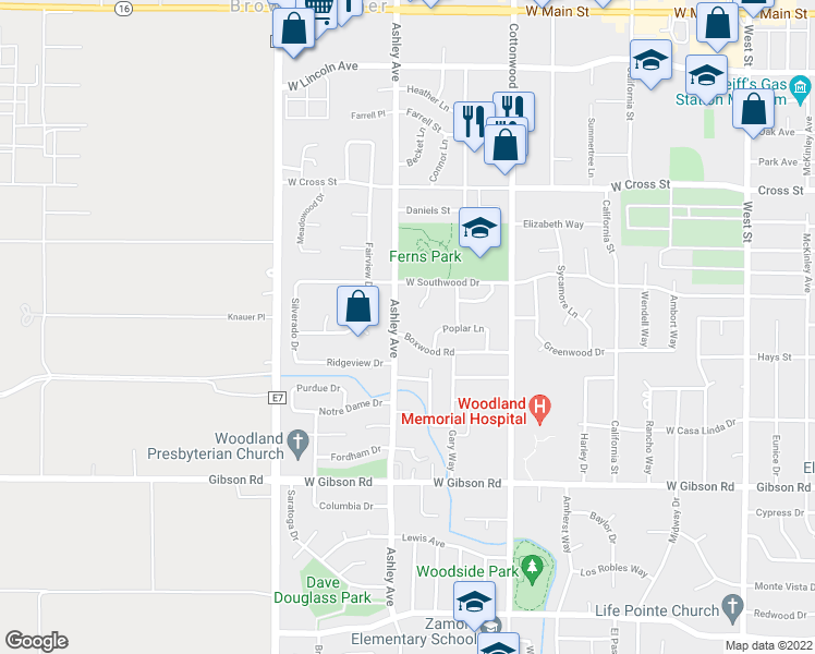 map of restaurants, bars, coffee shops, grocery stores, and more near 740 Boxwood Road in Woodland