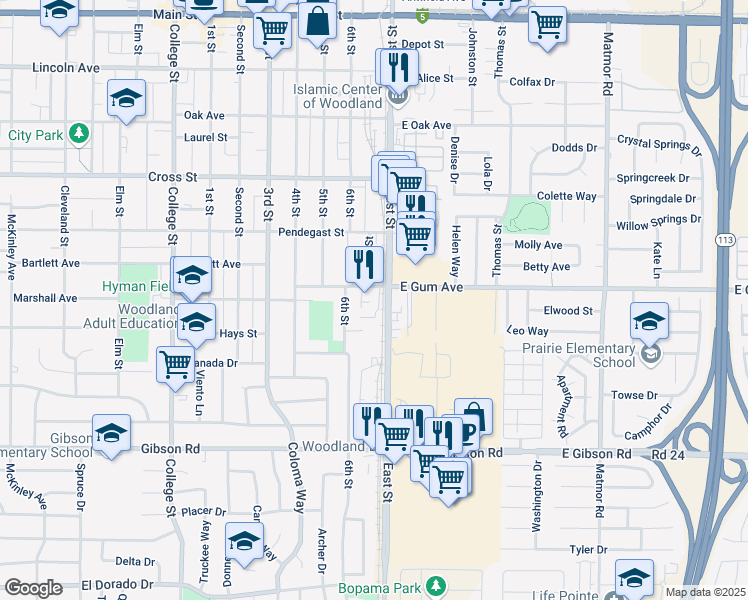 map of restaurants, bars, coffee shops, grocery stores, and more near 845 East Street in Woodland