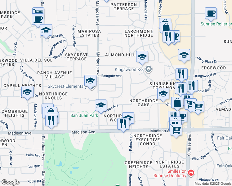 map of restaurants, bars, coffee shops, grocery stores, and more near 7659 Northeast Circle in Citrus Heights