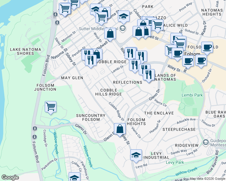 map of restaurants, bars, coffee shops, grocery stores, and more near 121 Foley Lane in Folsom