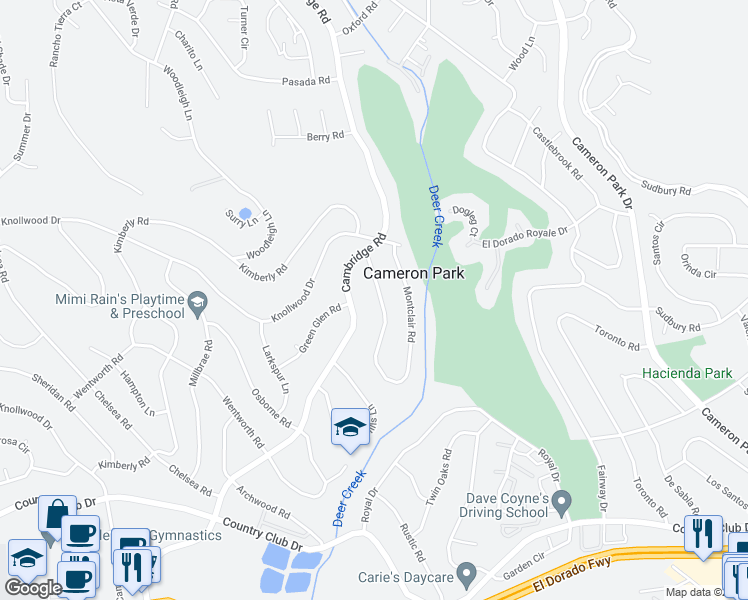 map of restaurants, bars, coffee shops, grocery stores, and more near 3749 Montclair Road in Cameron Park