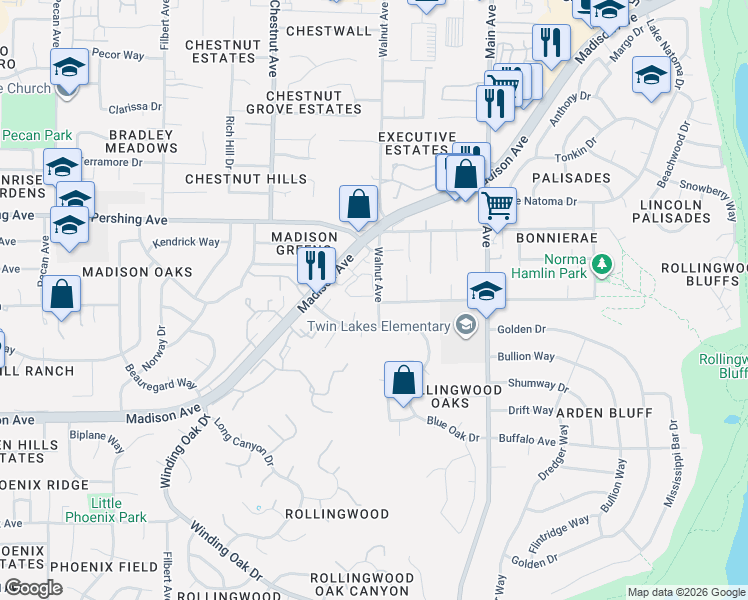 map of restaurants, bars, coffee shops, grocery stores, and more near 5617 Walnut Avenue in Orangevale