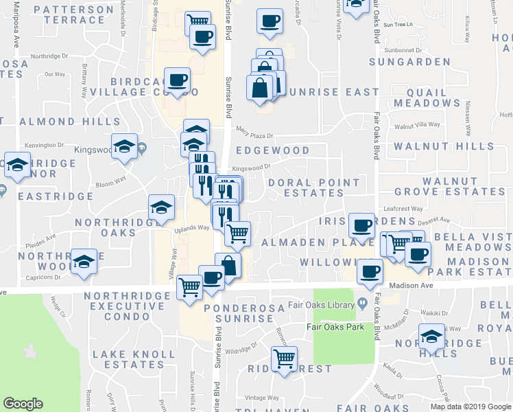 map of restaurants, bars, coffee shops, grocery stores, and more near 5610 Spyglass Lane in Citrus Heights