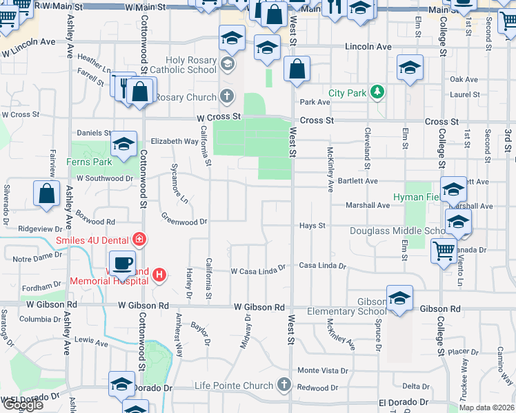 map of restaurants, bars, coffee shops, grocery stores, and more near 35 West Southwood Drive in Woodland