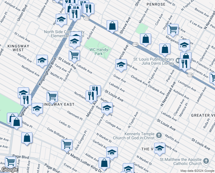 map of restaurants, bars, coffee shops, grocery stores, and more near 3000 Marcus Avenue in St. Louis