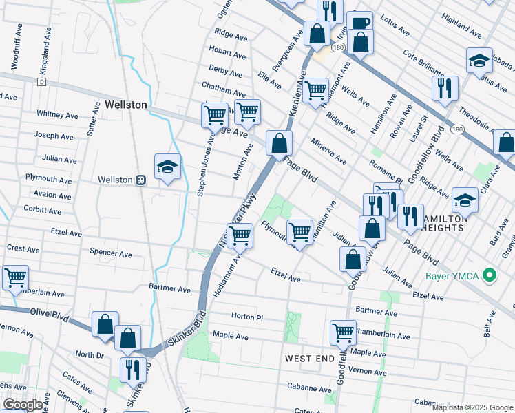 map of restaurants, bars, coffee shops, grocery stores, and more near 1265 Ryan Terrace in St. Louis