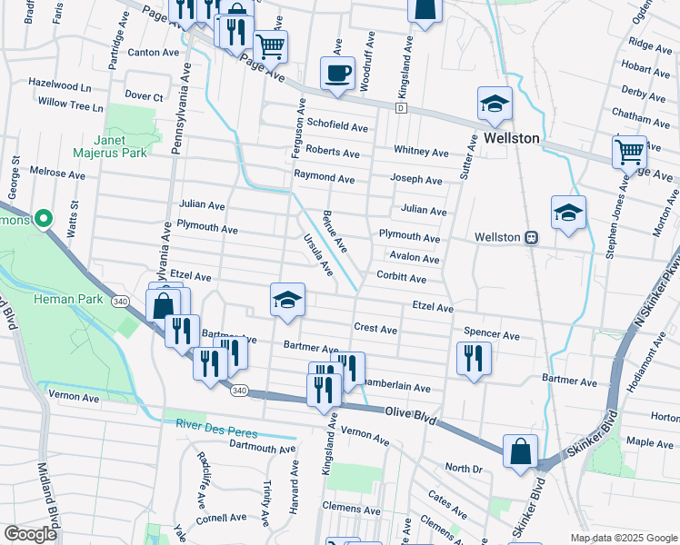 map of restaurants, bars, coffee shops, grocery stores, and more near 1159 Belrue Avenue in University City