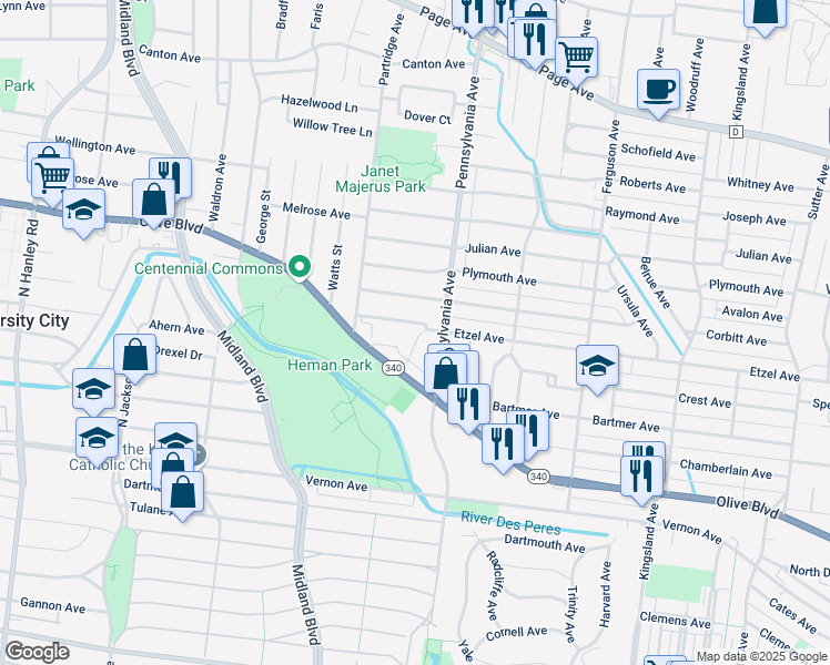 map of restaurants, bars, coffee shops, grocery stores, and more near 7019 Arcadia Avenue in University City