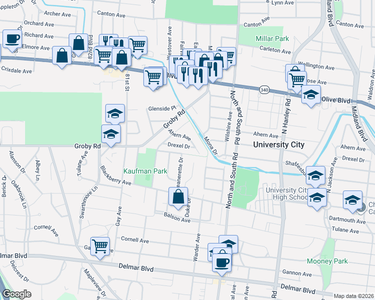 map of restaurants, bars, coffee shops, grocery stores, and more near 7809 Drexel Drive in St. Louis