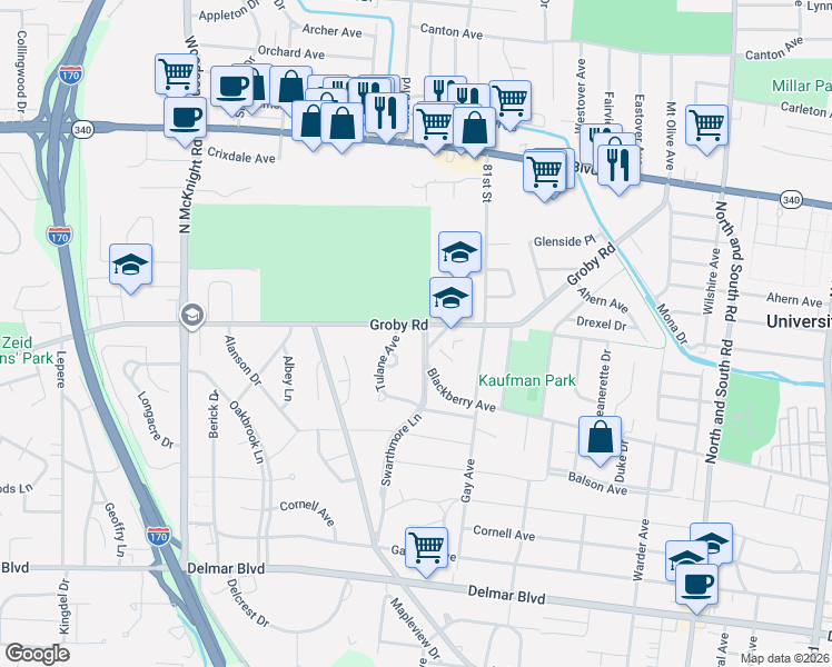 map of restaurants, bars, coffee shops, grocery stores, and more near 961 Swarthmore Lane in University City