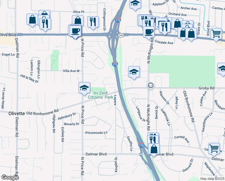 map of restaurants, bars, coffee shops, grocery stores, and more near 23 Bon Price Terrace in St. Louis