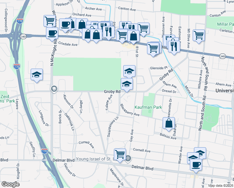 map of restaurants, bars, coffee shops, grocery stores, and more near 961 Swarthmore Lane in University City