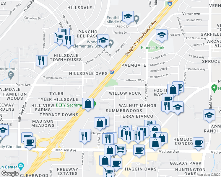 map of restaurants, bars, coffee shops, grocery stores, and more near 5541 Missie Way in Sacramento