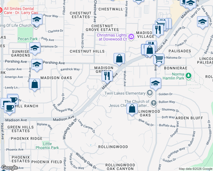 map of restaurants, bars, coffee shops, grocery stores, and more near 9227 Madison Avenue in Orangevale