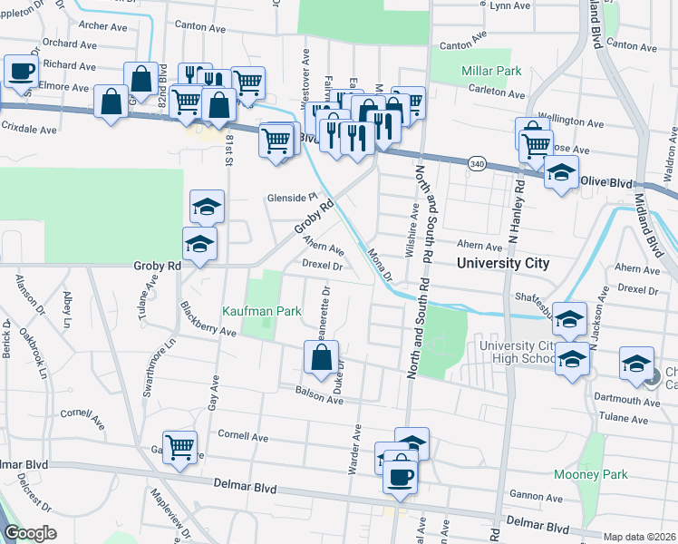 map of restaurants, bars, coffee shops, grocery stores, and more near 7809 Drexel Drive in St. Louis