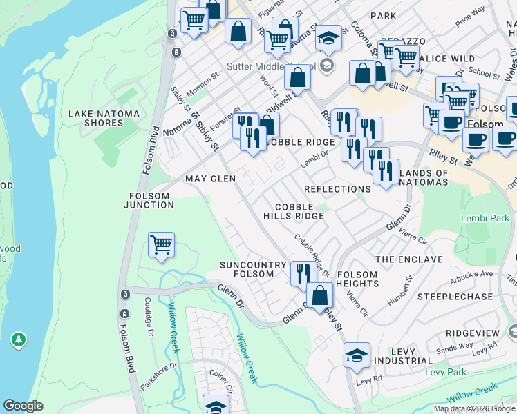 map of restaurants, bars, coffee shops, grocery stores, and more near 825 Sibley Street in Folsom