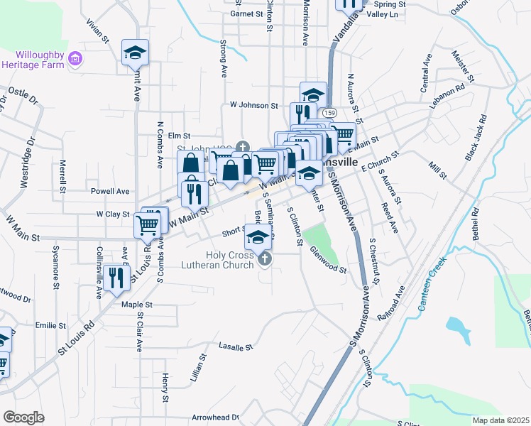 map of restaurants, bars, coffee shops, grocery stores, and more near 207 West Church Street in Collinsville