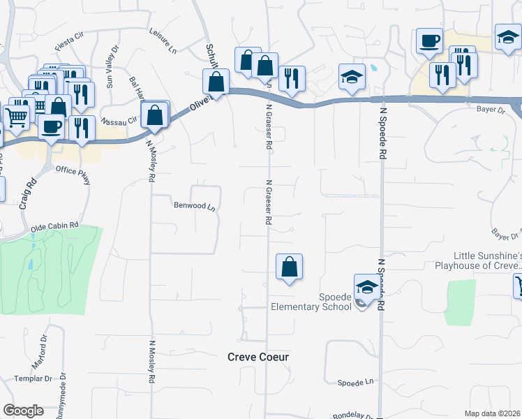 map of restaurants, bars, coffee shops, grocery stores, and more near 556 Oakhaven Lane in Creve Coeur