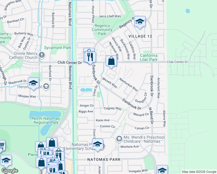 map of restaurants, bars, coffee shops, grocery stores, and more near 1801 Danbrook Drive in Sacramento