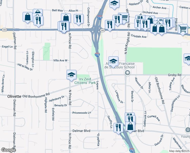 map of restaurants, bars, coffee shops, grocery stores, and more near 9013 Old Bonhomme Road in Saint Louis