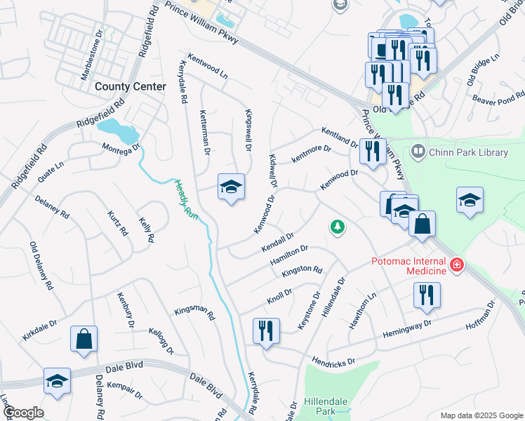 map of restaurants, bars, coffee shops, grocery stores, and more near 4524 Kenwood Drive in Woodbridge