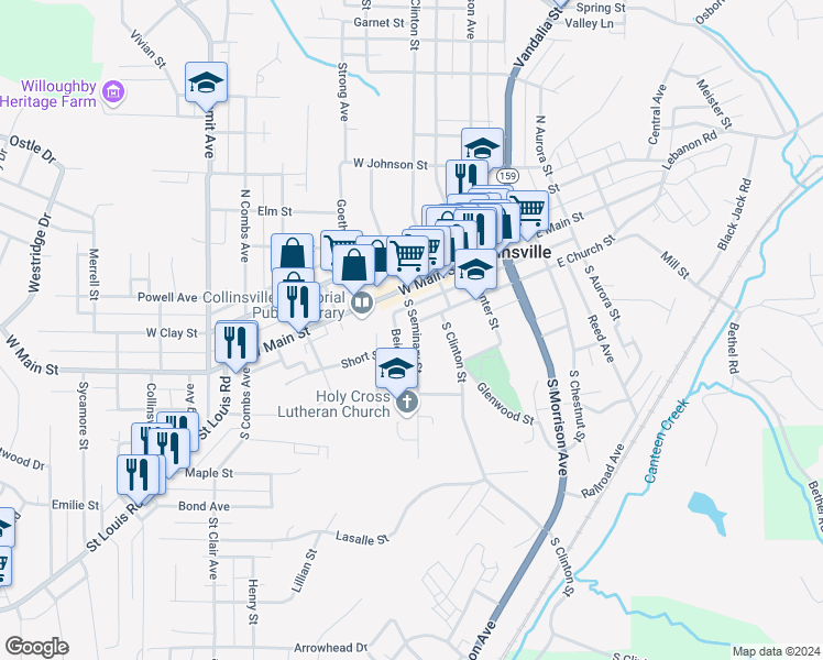 map of restaurants, bars, coffee shops, grocery stores, and more near 201 South Seminary Street in Collinsville