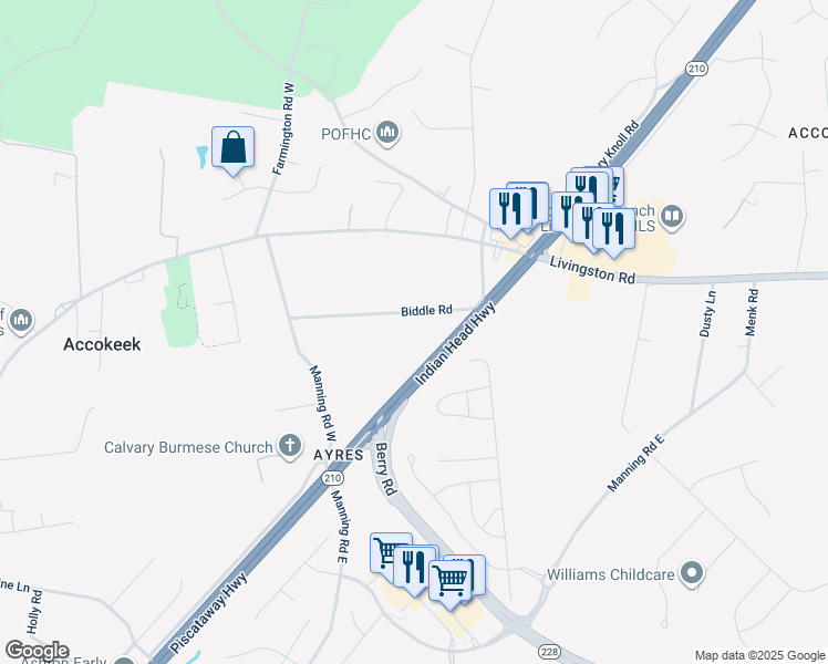 map of restaurants, bars, coffee shops, grocery stores, and more near 306 Biddle Road in Accokeek