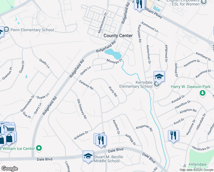 map of restaurants, bars, coffee shops, grocery stores, and more near 13228 Kurtz Road in Woodbridge