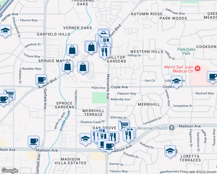 map of restaurants, bars, coffee shops, grocery stores, and more near Manzanita Avenue & Coyle Avenue in Carmichael