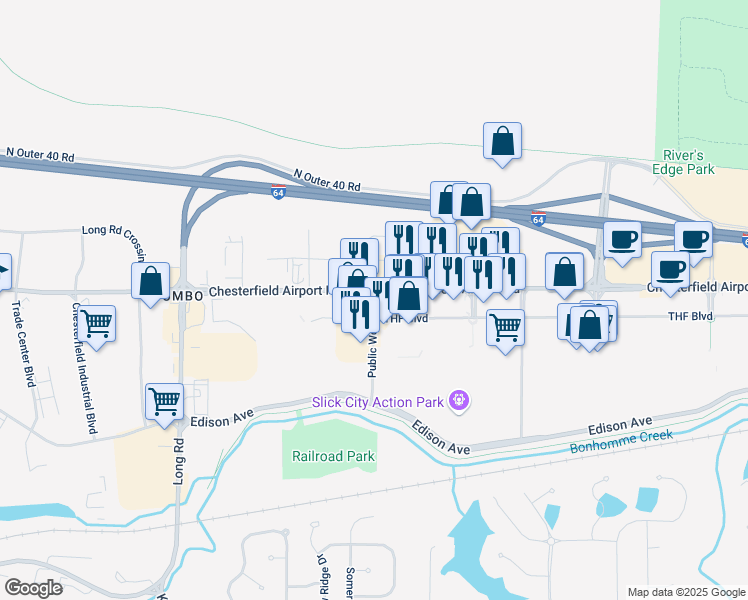 map of restaurants, bars, coffee shops, grocery stores, and more near Chesterfield Airport Road in Chesterfield