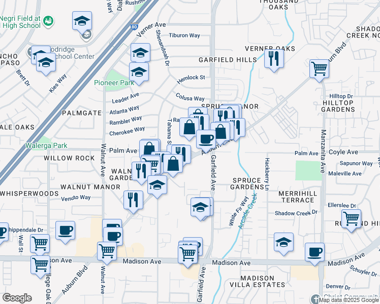 map of restaurants, bars, coffee shops, grocery stores, and more near 5445 Auburn Boulevard in Sacramento