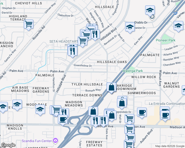 map of restaurants, bars, coffee shops, grocery stores, and more near 4537 Palm Avenue in Sacramento