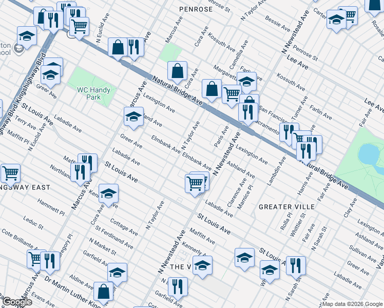 map of restaurants, bars, coffee shops, grocery stores, and more near 4460 Ashland Avenue in St. Louis