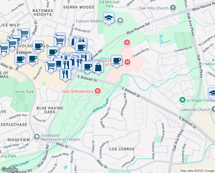 map of restaurants, bars, coffee shops, grocery stores, and more near 1578 Creekside Drive in Folsom