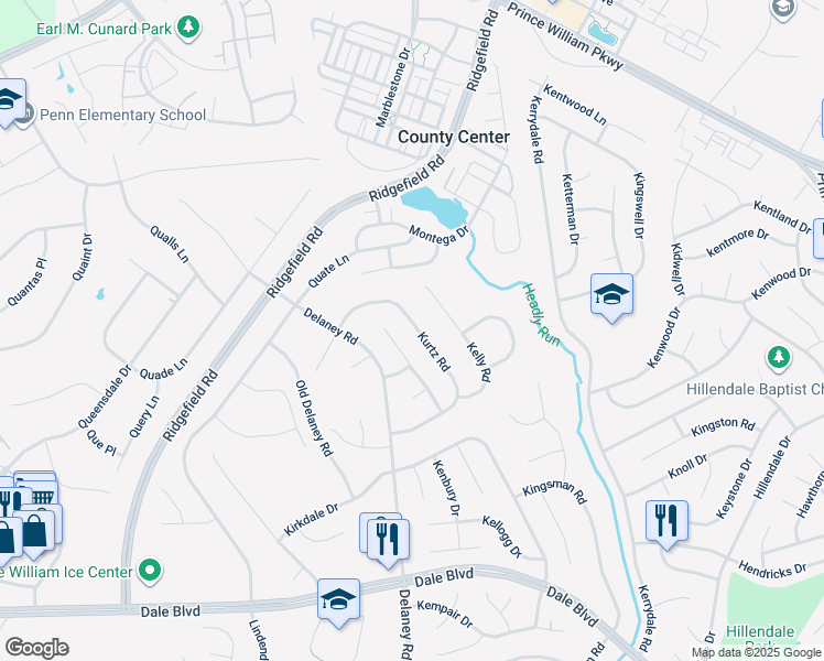 map of restaurants, bars, coffee shops, grocery stores, and more near 13228 Kurtz Road in Woodbridge