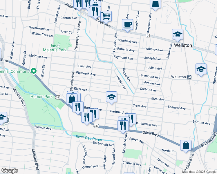 map of restaurants, bars, coffee shops, grocery stores, and more near in University City