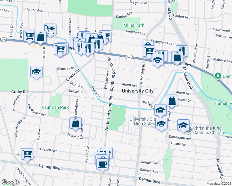 map of restaurants, bars, coffee shops, grocery stores, and more near 1080 North and South Road in University City