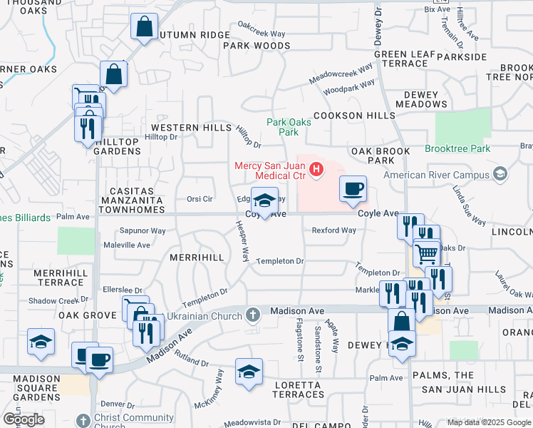 map of restaurants, bars, coffee shops, grocery stores, and more near 6330 Coyle Avenue in Carmichael