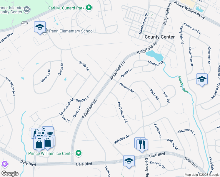 map of restaurants, bars, coffee shops, grocery stores, and more near 13206 Quate Lane in Woodbridge