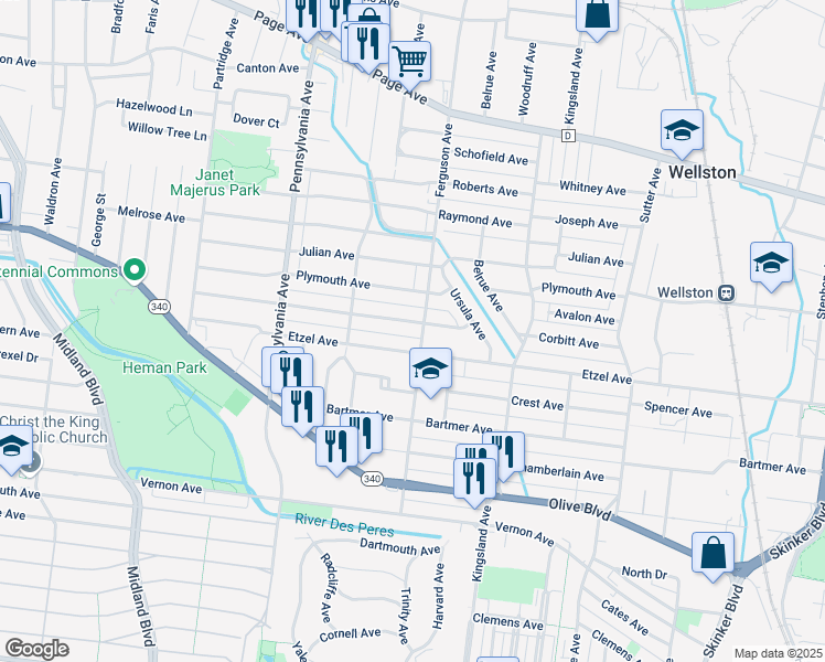 map of restaurants, bars, coffee shops, grocery stores, and more near 6806 Corbitt Avenue in Saint Louis