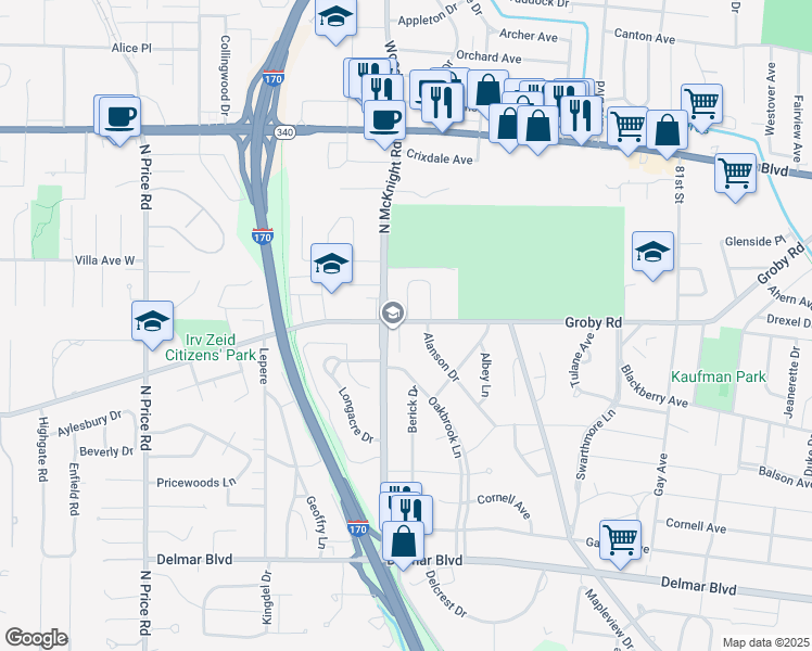 map of restaurants, bars, coffee shops, grocery stores, and more near 8522 Old Bonhomme Road in St. Louis