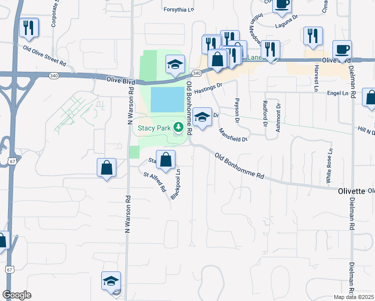 map of restaurants, bars, coffee shops, grocery stores, and more near 9700 Bonhomme Estates Drive in Olivette