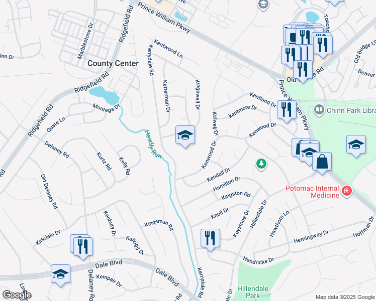 map of restaurants, bars, coffee shops, grocery stores, and more near 13199 Kerrydale Road in Woodbridge