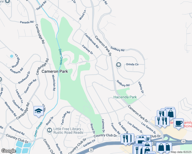 map of restaurants, bars, coffee shops, grocery stores, and more near 3685 Fairway Drive in Cameron Park