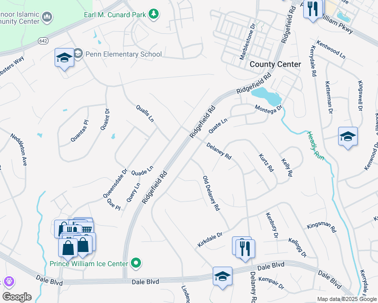 map of restaurants, bars, coffee shops, grocery stores, and more near 13206 Quate Lane in Woodbridge